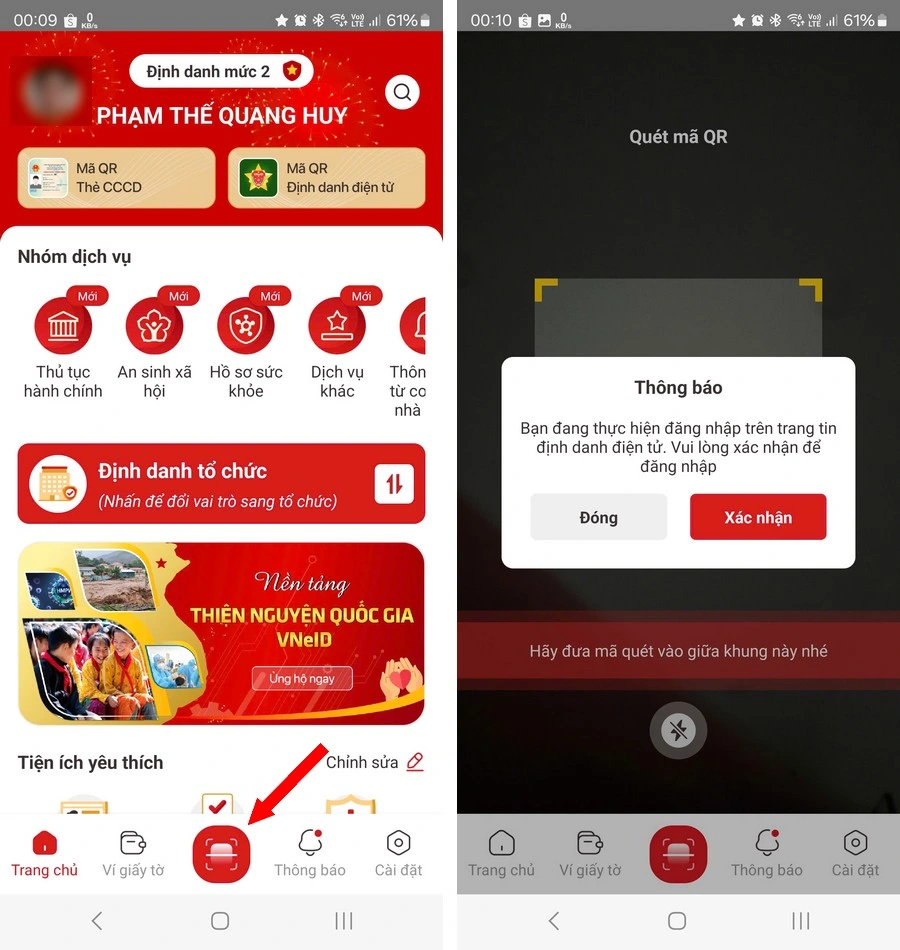 mở ứng dụng VNeID, quét mã QR đăng nhập trang web dịch vụ công